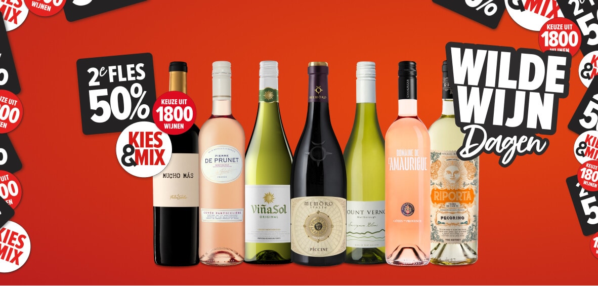 Wilde wijn dagen. meer dan 1800 wijnen tweede fles 50% korting! Kies & mix.
